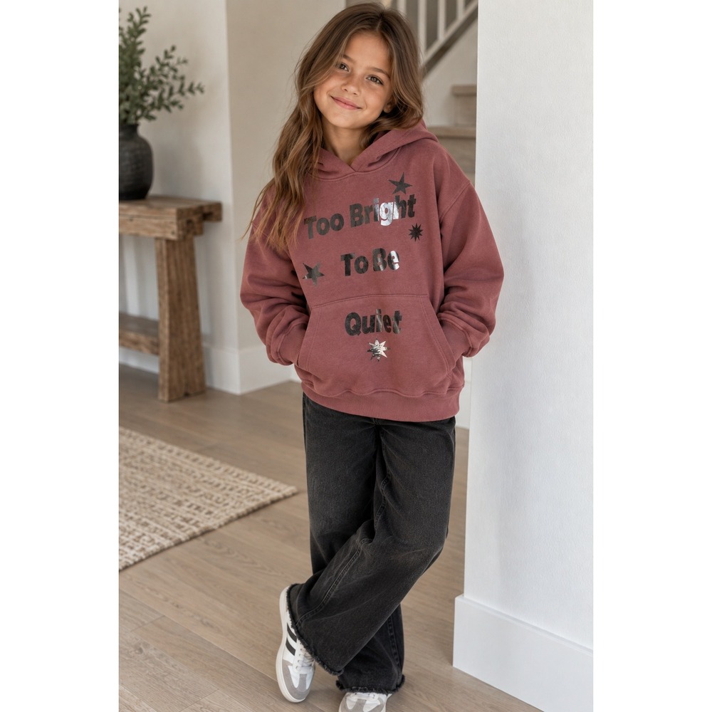Zara Kids Too Bright To Be Quiet Graphic Hoodie Mauve Silver Foil Stars 9-10Y
